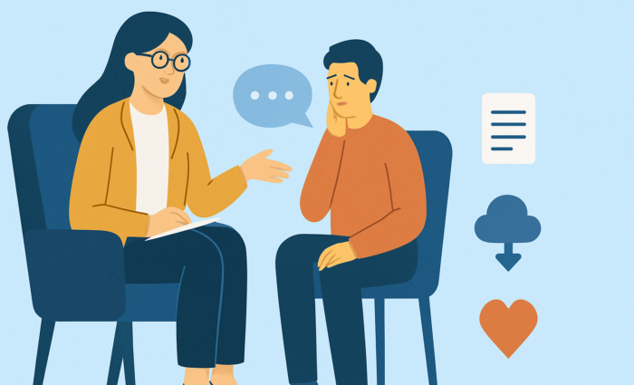 A therapist talking to a client during a therapy session, both sitting in chairs in a calm setting.